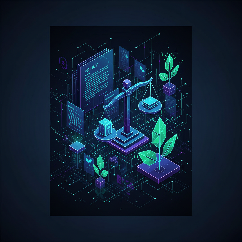 Abstract digital representation of government policy documents, scales of justice, and green energy leaf symbols, dark corporate style