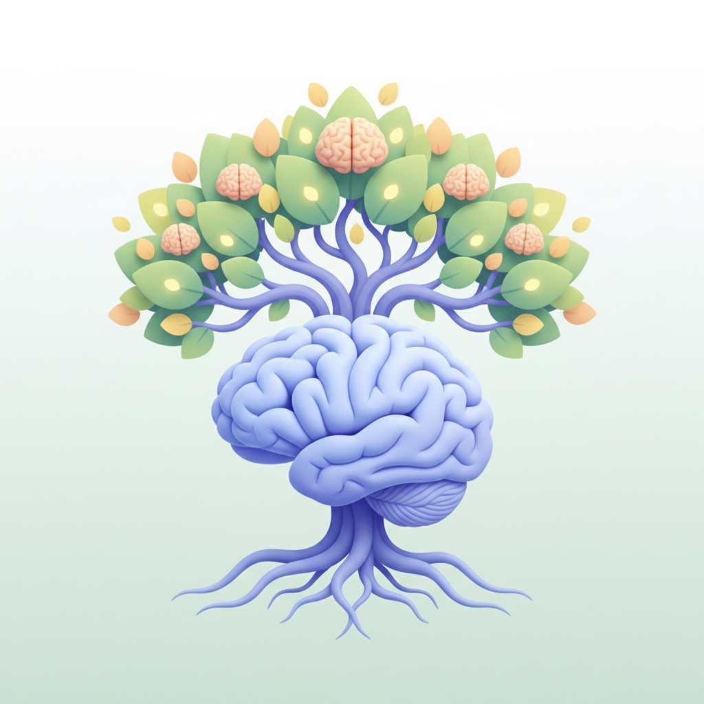 Stylized 3d icon or illustration of a brain growing into a tree, educational growth concept, soft pastel colors