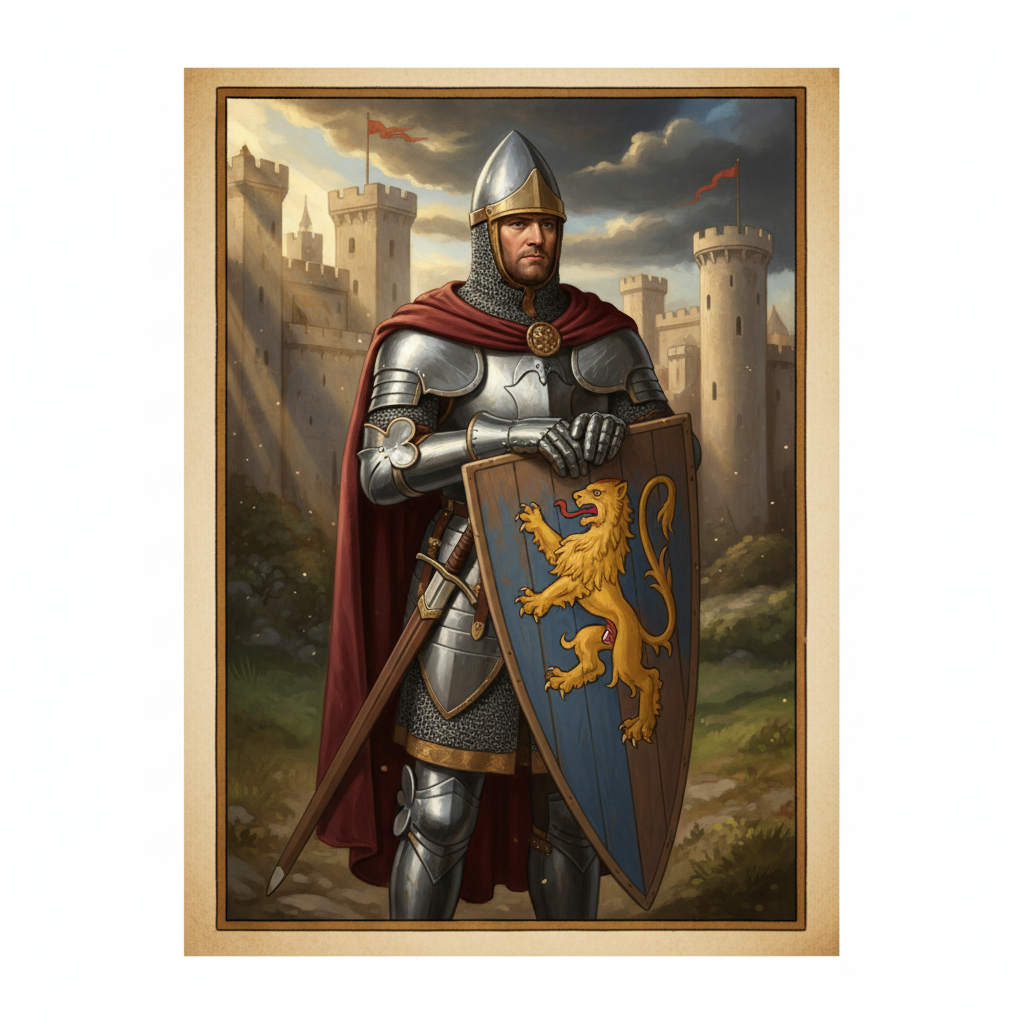 Medieval lord knight in armor with shield, 11th century style, cinematic lighting, historical illustration