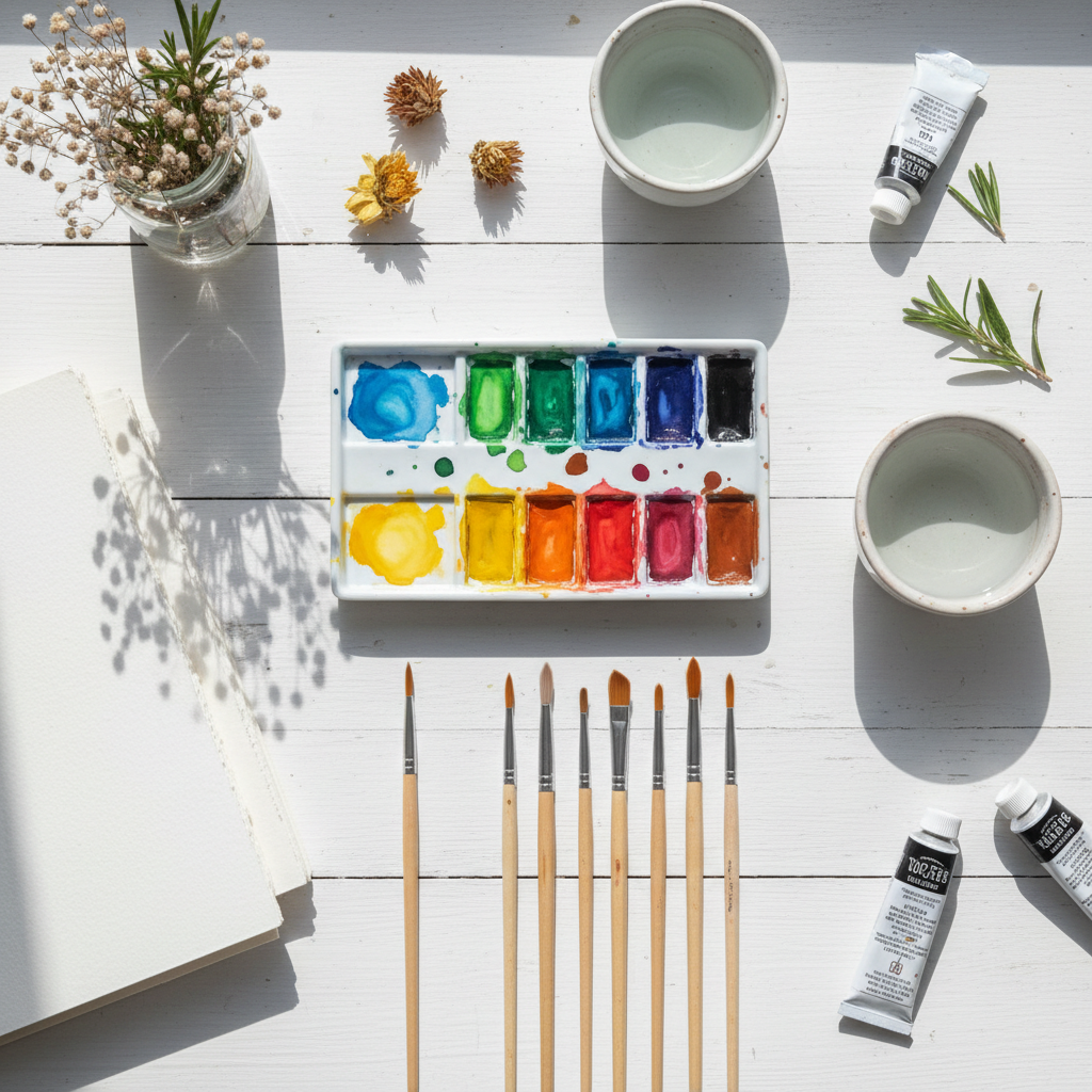 neatly arranged watercolor paints and brushes on a white wooden table, top view, clean, bright natural light, inspiring creativity