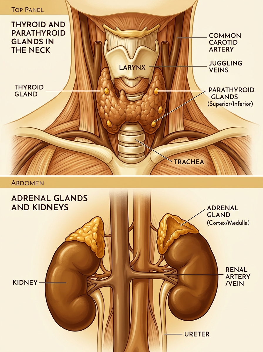 Adrenal, Parathyroid, and Thyroid Glands Diagram