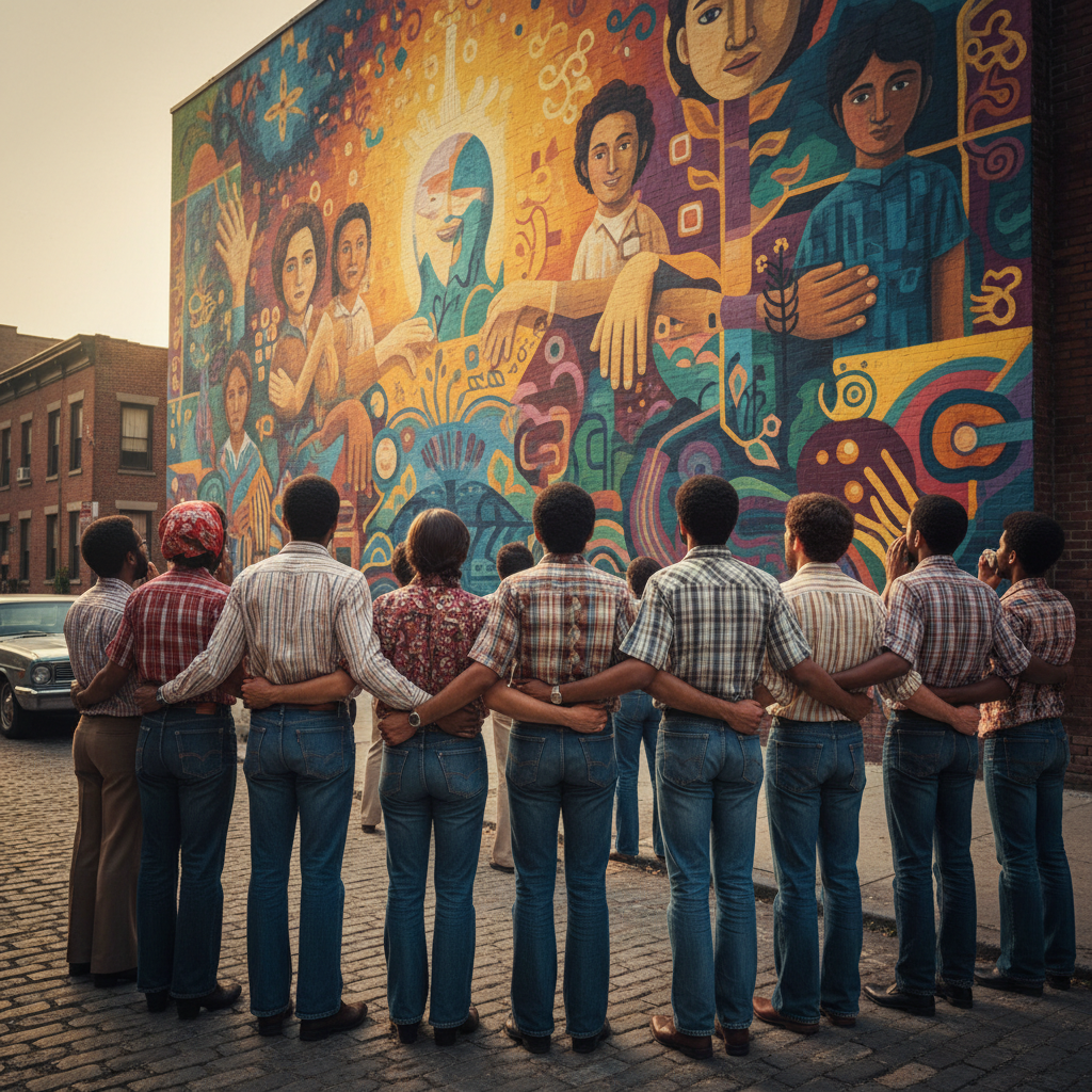 Crowd of diverse neighborhood people in the 1970s standing in awe looking at a colorful wall mural, emotional atmosphere, back view, photorealistic