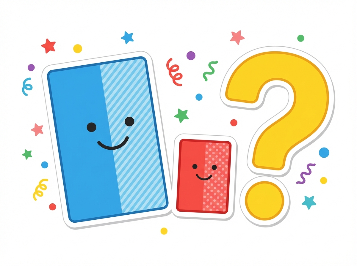 cute cartoon classroom illustration, one giant blue rectangle and one tiny red rectangle, both half shaded, smiling faces on shapes, giant question mark, confetti, flat vector sticker style, white background