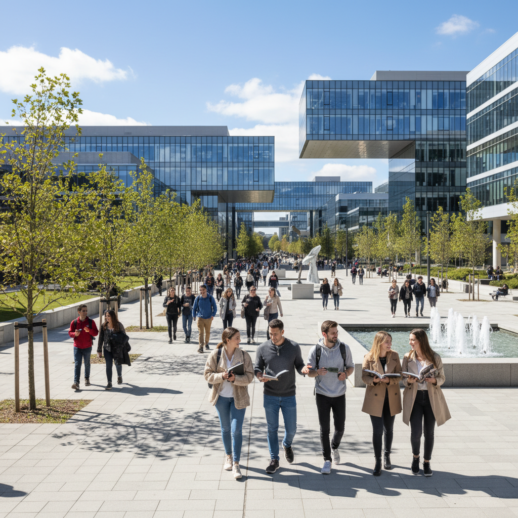 University campus scene with students walking and talking, sunny day, modern architecture, photorealistic