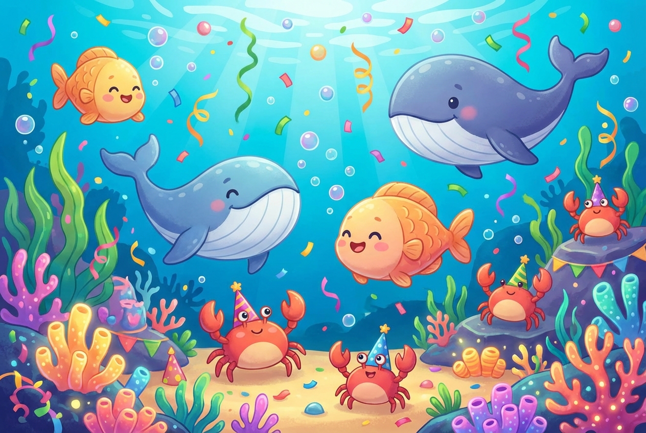 Under the sea celebration with fish, whales, crabs, and confetti, cartoon style, very colorful