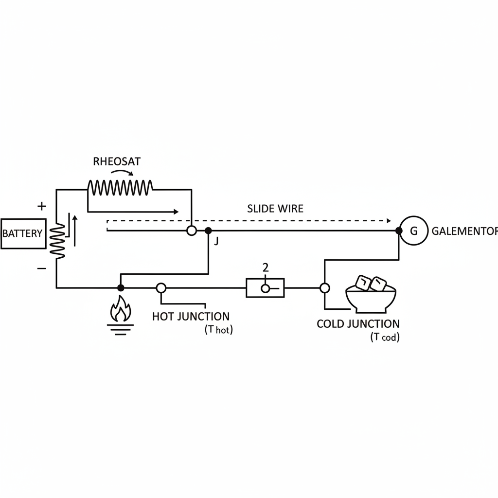 Schematic circuit diagram of a potentiometer connected to a thermocouple, clear lines, white background, physics textbook diagram style. Shows battery, rheostat, slide wire, galvanometer, and thermocouple junctions.