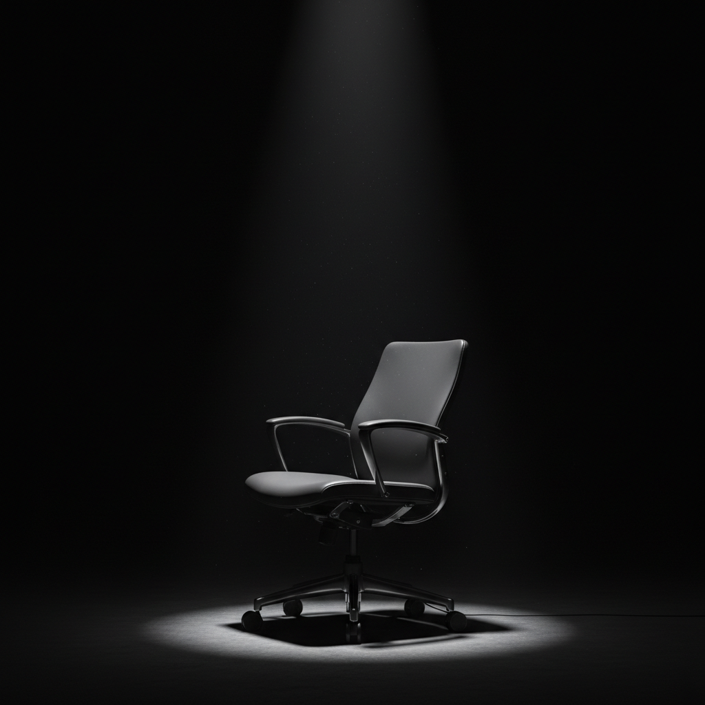 an empty office chair in a spotlight, dark background, representing absence of leadership