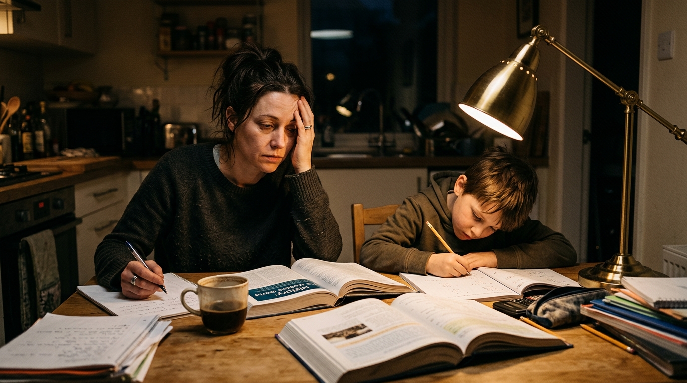 Tired parent and child studying
