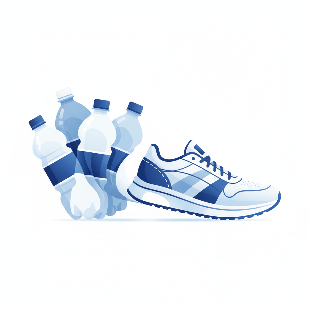 Minimalist illustration of plastic bottles transforming into a shoe, blue and white color palette, clean vector style