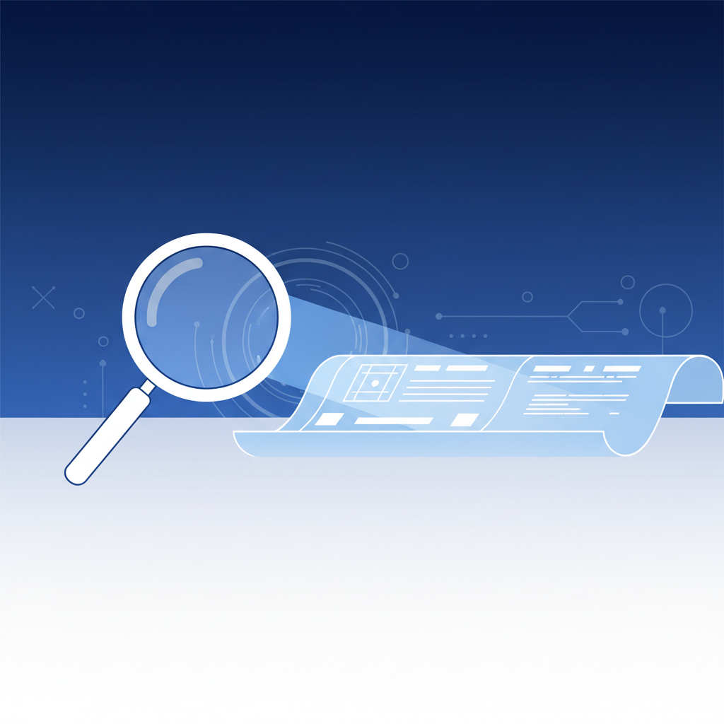 simple stylized illustration of a magnifying glass scanning a document, blue and white color scheme