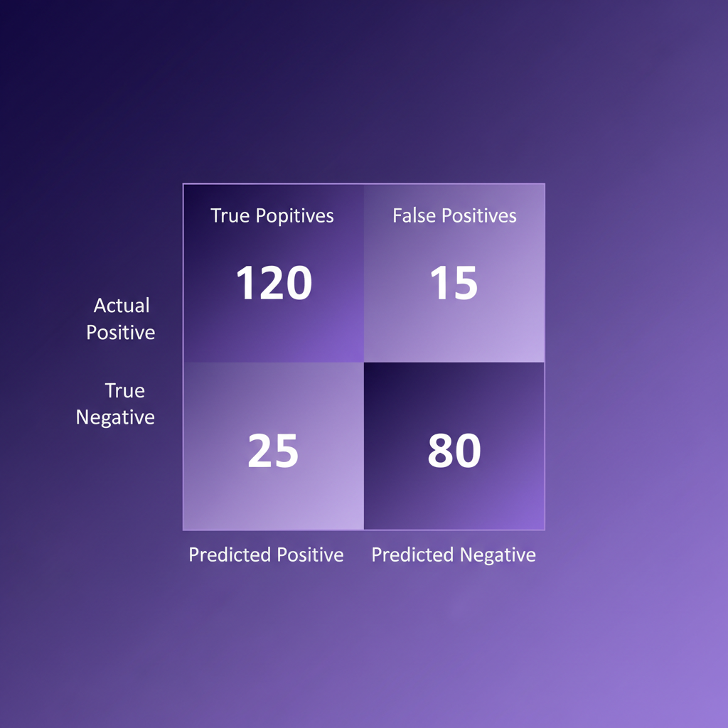 confusion matrix visualization purple gradients, 2x2 grid, numbers inside squares, scientific style