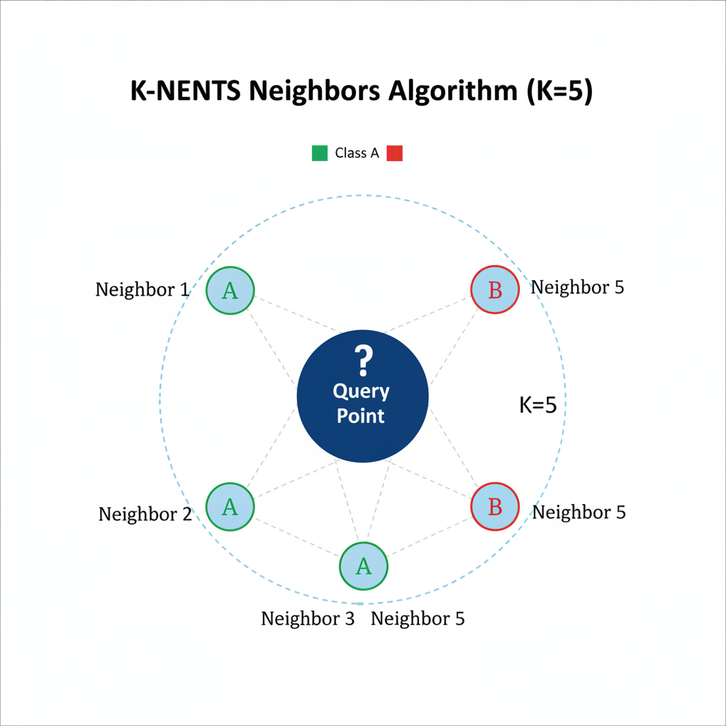 diagram of K-Nearest Neighbors algorithm, central point connected to 5 neighbor points, geometric simple scientific diagram