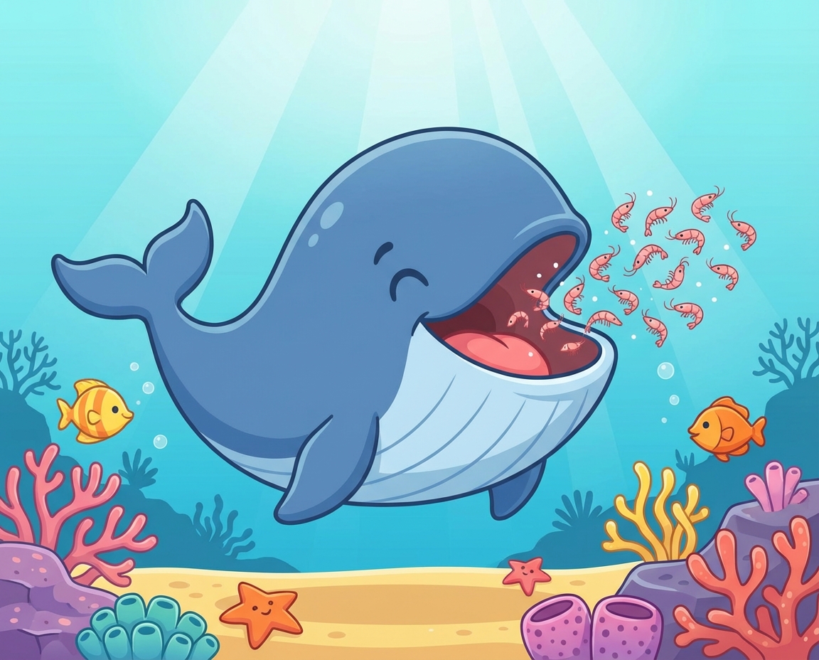 Happy cartoon blue whale eating tiny krill, underwater, cute style