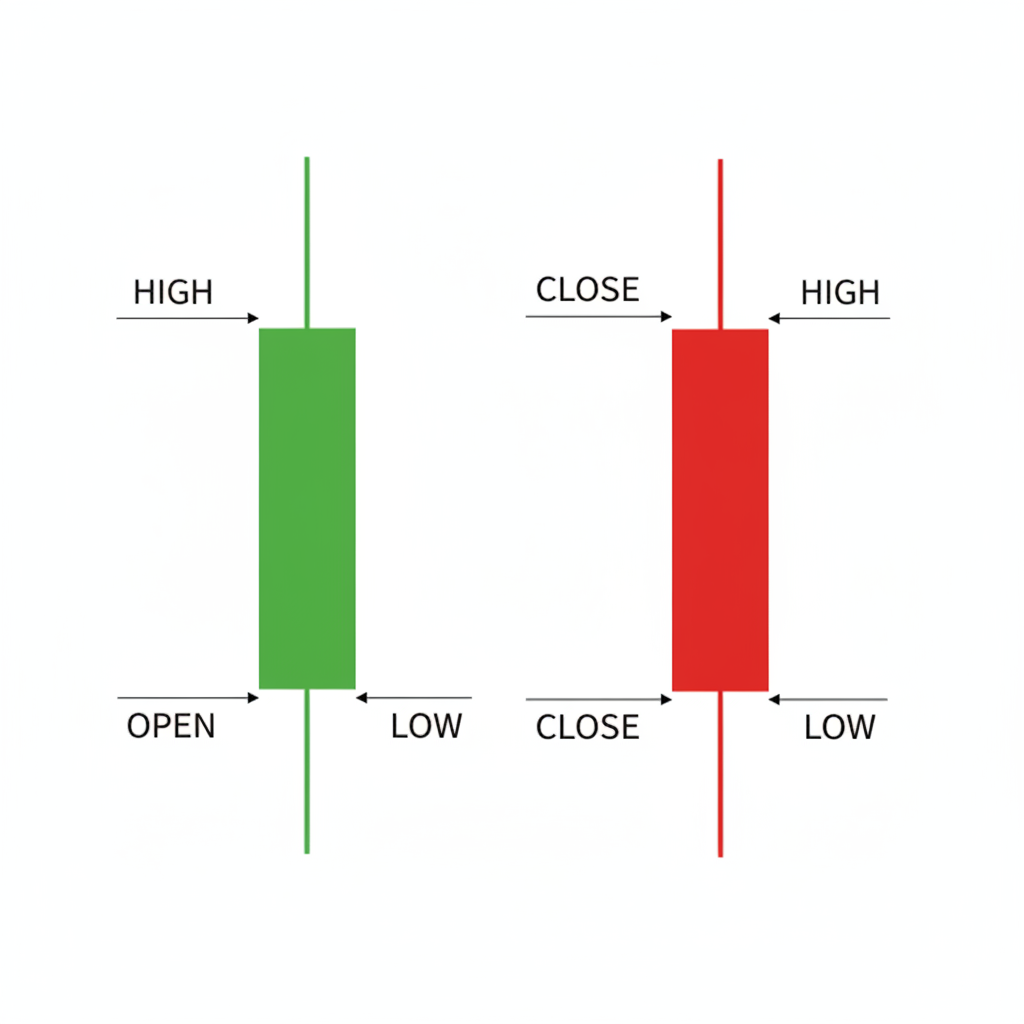 Diagram of two Japanese trading candlesticks (one green, one red) labeled with Open, High, Low, Close, clear educational style, white background