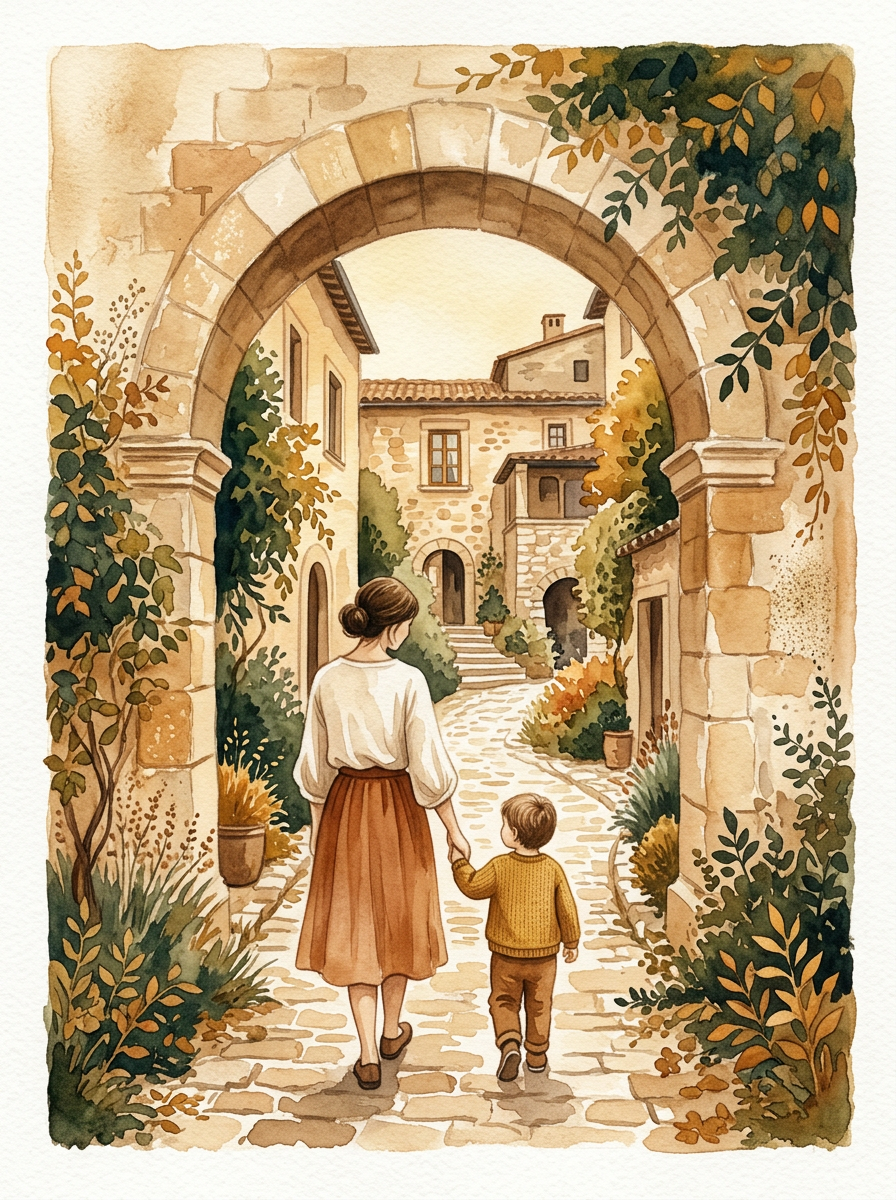 Parent and child walking through archway
