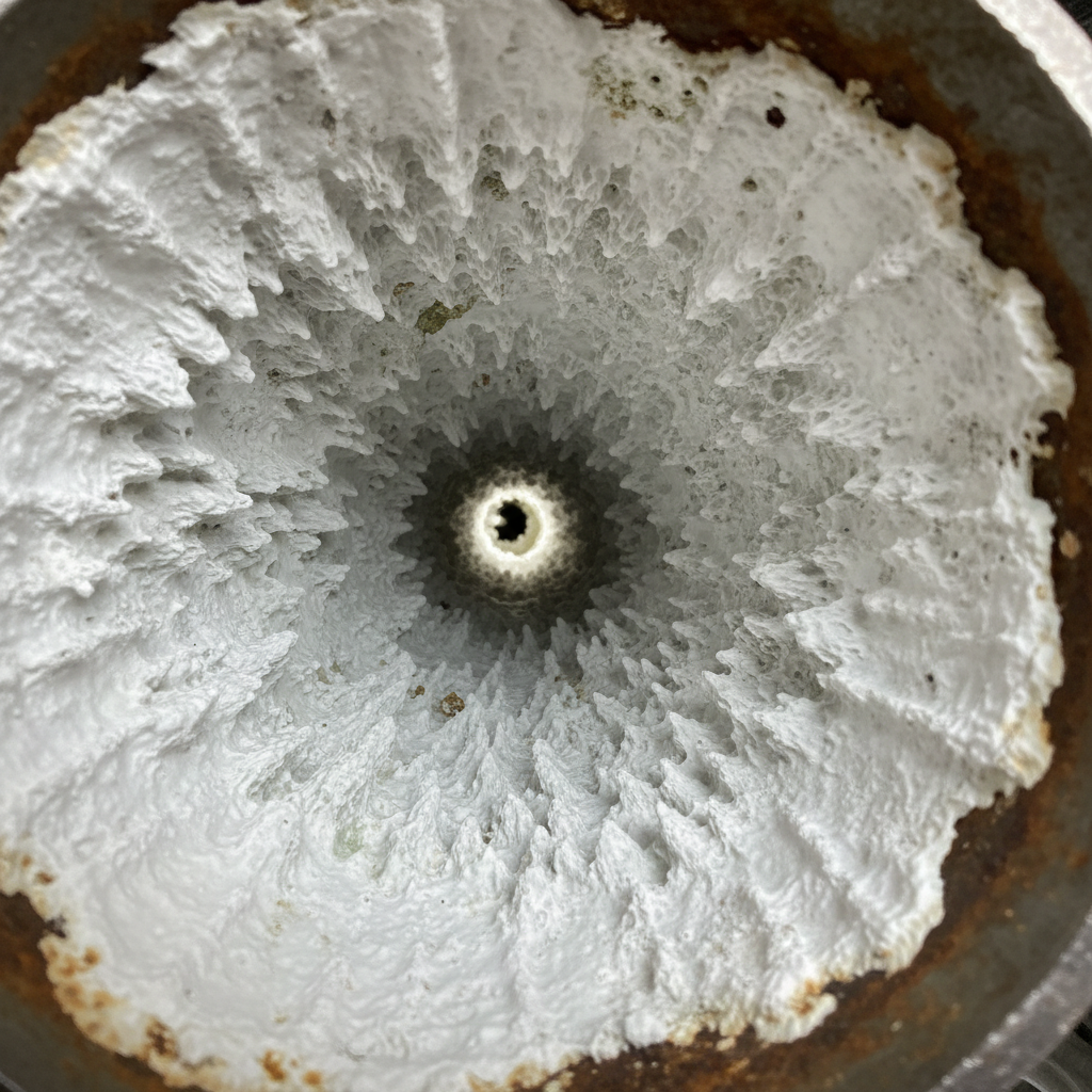 Close up photo of the inside of an old water pipe heavily clogged with white limescale mineral deposits