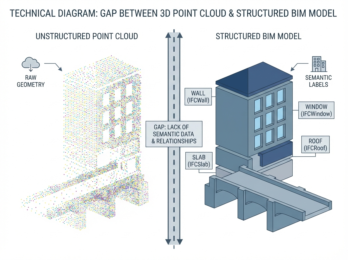 Technical diagram showing the gap between 3D point cloud geometry and structured BIM model with semantic labels, split view comparison, clean technical illustration style
