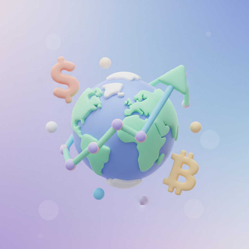 A whimsical 3D illustration of symbols representing Dollar sign, Bitcoin logo, and a Graph floating around a globe, pastel colors, soft clay texture