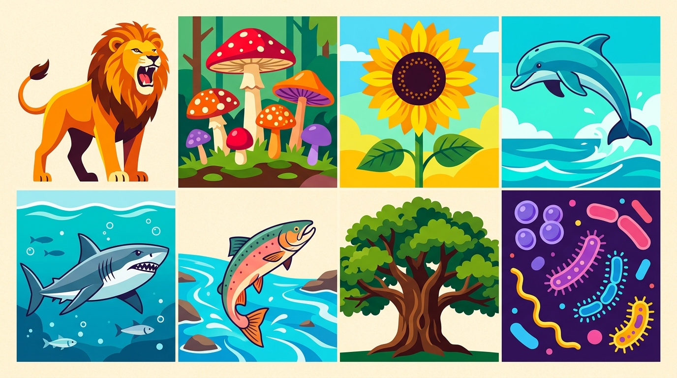 Colourful mosaic illustration of biology concepts