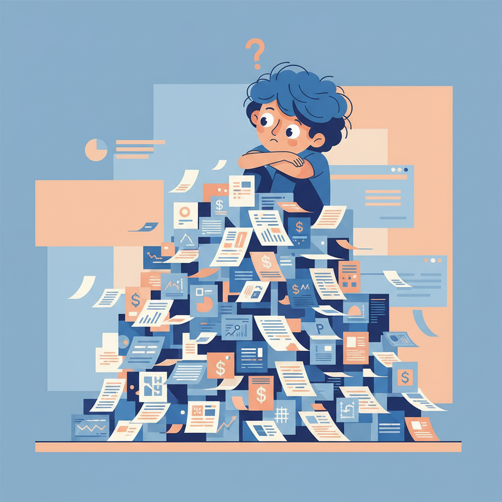 Conceptual illustration of a confused teenager staring at a complex pile of paperwork and bills, minimalist flat style, blue and orange tones