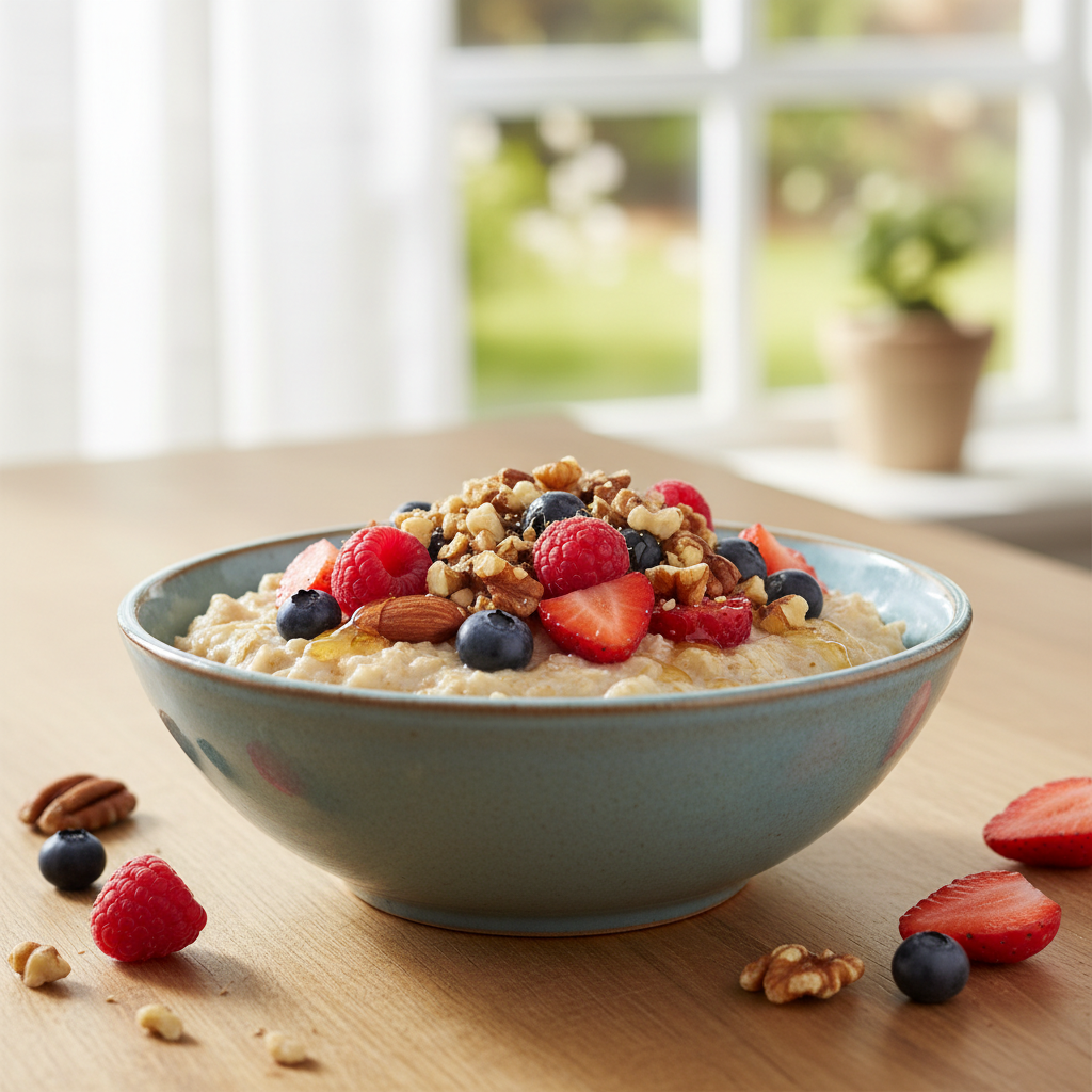 Bowl of oatmeal with berries and nuts, bright tasty photography