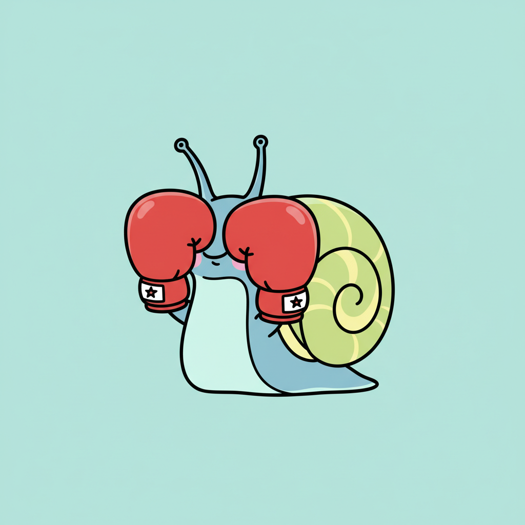 Cartoon snail with boxing gloves looking shy, minimal vector style