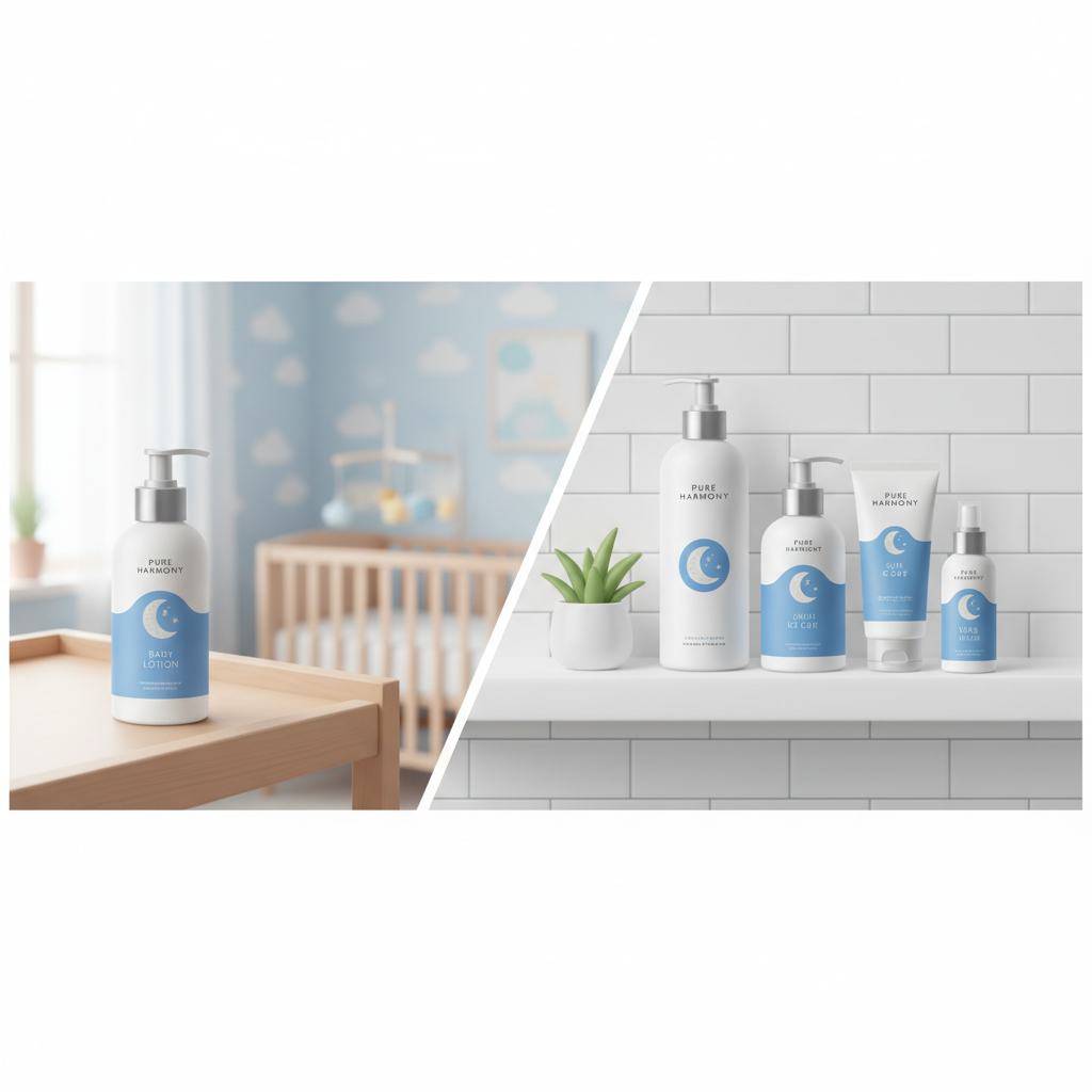 Split screen conceptual illustration. Left side: A single baby lotion bottle in a nursery. Right side: A modern bathroom shelf with shampoo, sun care, and lotion for adults and kids, unified by a clean white and blue aesthetic.