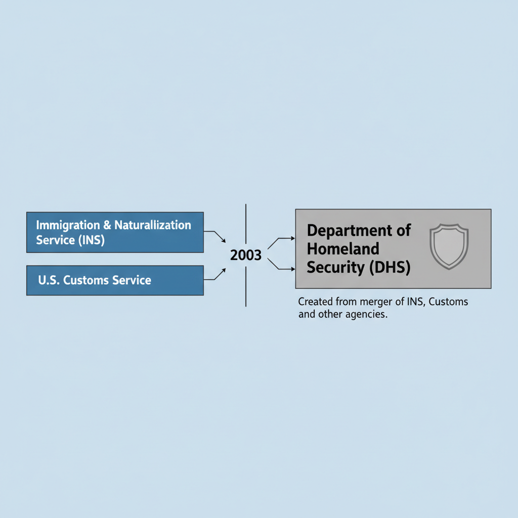 A clean diagrammatic illustration showing the timeline of US agencies: INS and Customs Service merging into the Department of Homeland Security in 2003