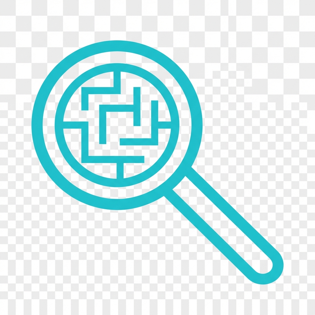 Icon representing magnifying glass analyzing a maze, flat vector logic style, cyan color