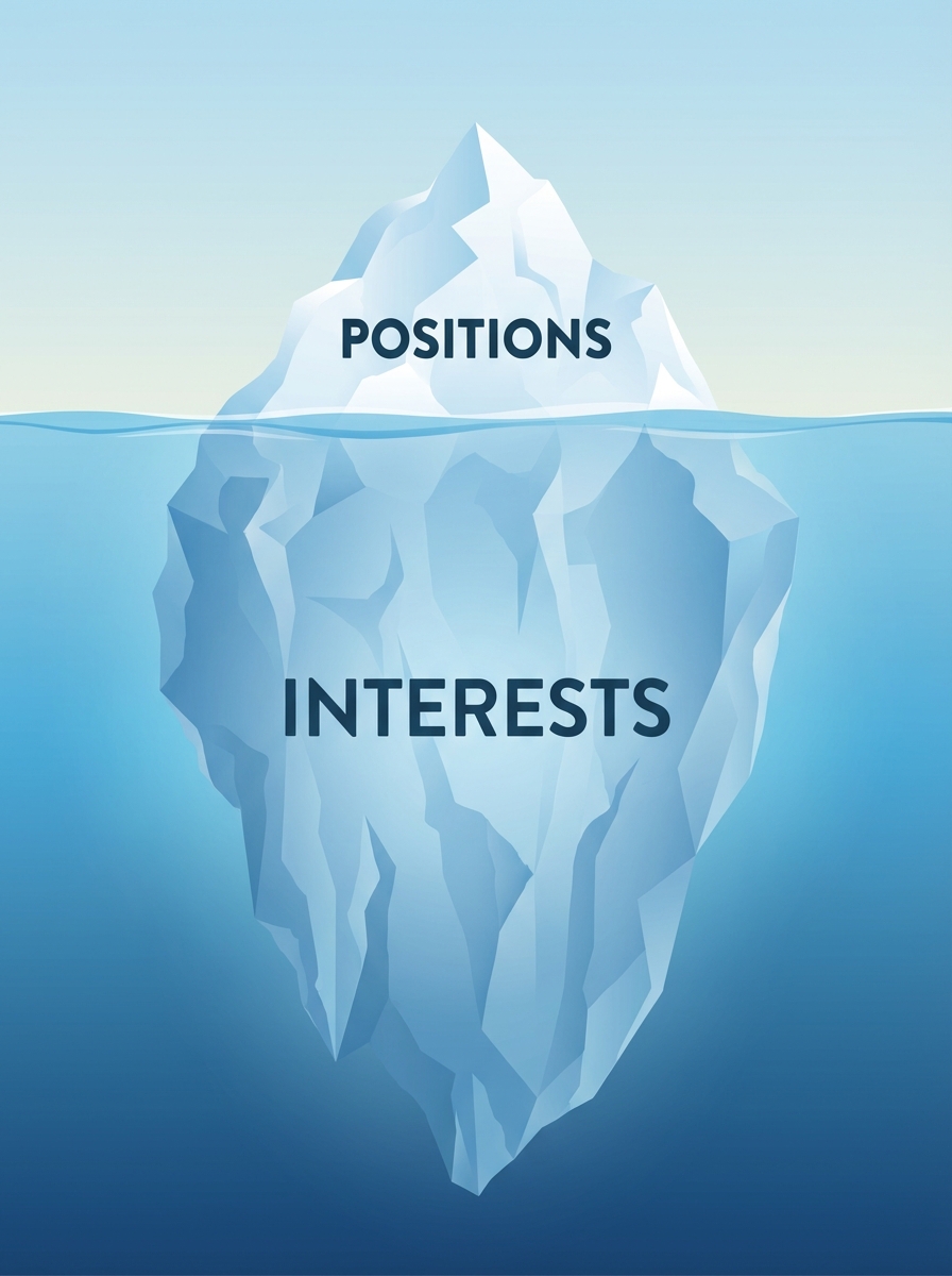 Cross-section illustration of an iceberg floating in water. Above water labeled 'Positions', large mass under water labeled 'Interests', clean infographic style
