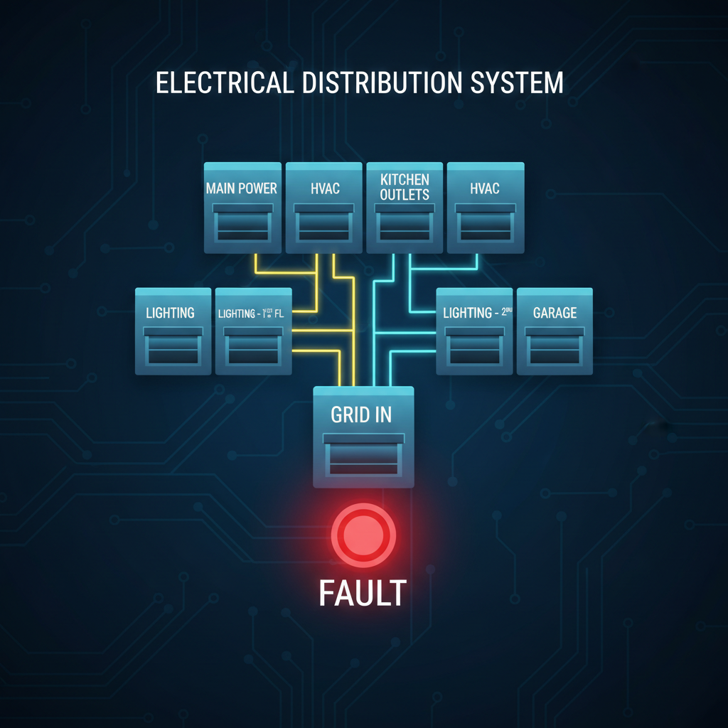 Circuit breaker panel diagram with red warning light, digital schematic style