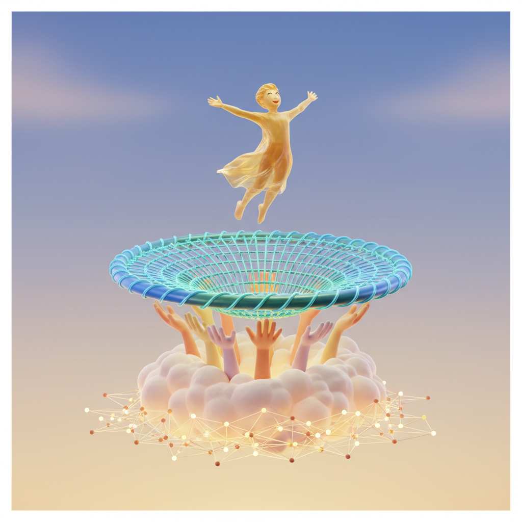 3D render of a safety net or a trampoline bouncing someone up playfully, joyful and supportive metaphor
