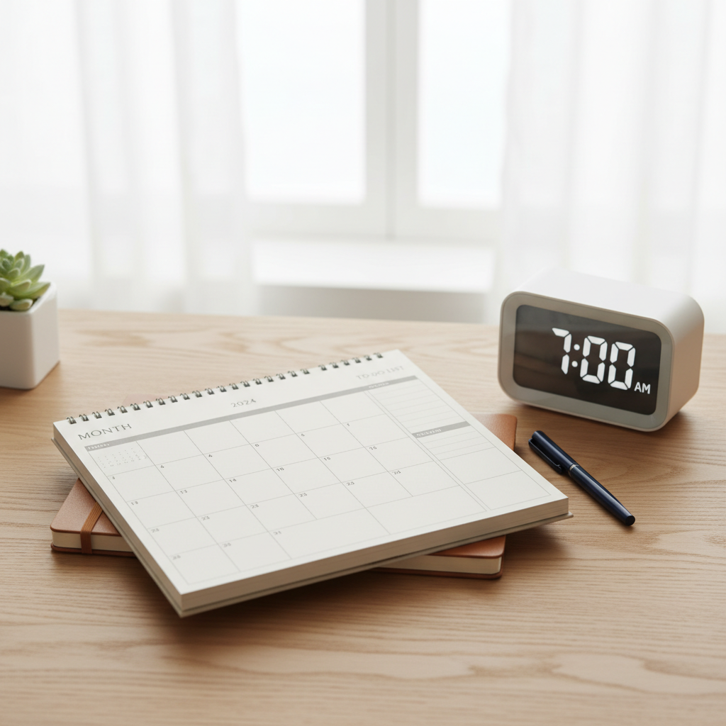 Paper planner calendar and an alarm clock on a clean desk surface, photorealistic