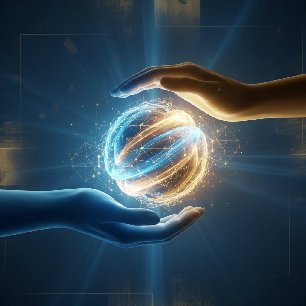 Conceptual image of two hands holding a glowing protective light, symbolizing care and safety, corporate blue and gold tones
