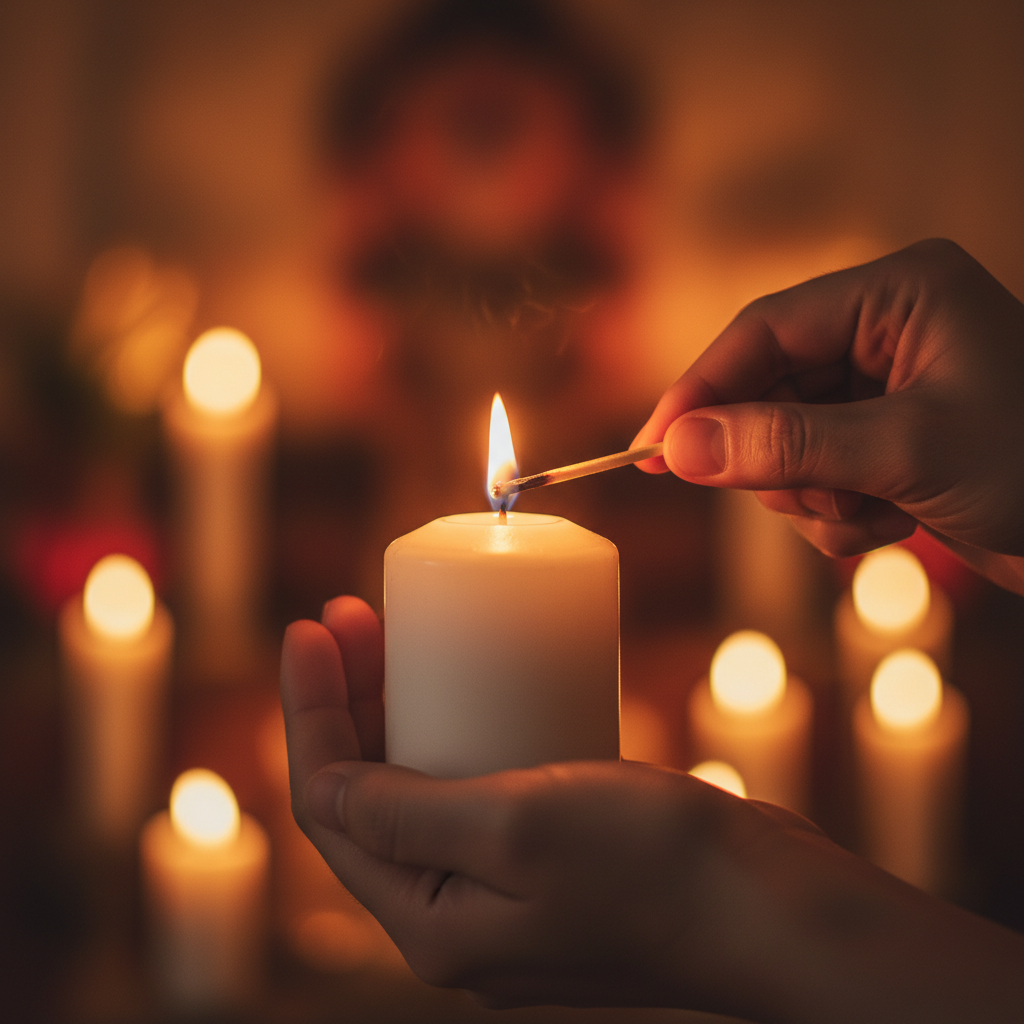 Close up hands lighting a candle with a match, soft bokeh background, warm glow, emotional spiritual moment, high quality photorealistic