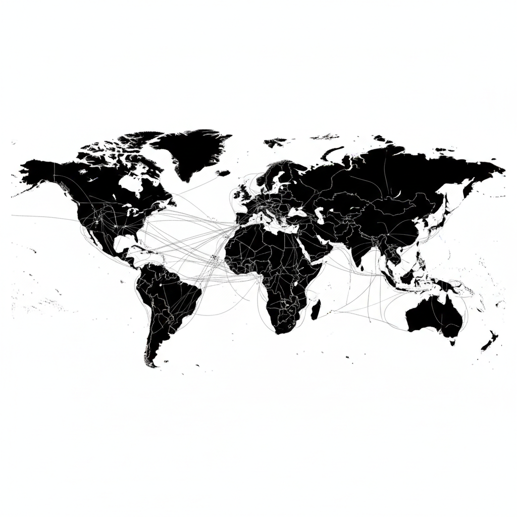 World map simplistic black and white vector style showing traffic density