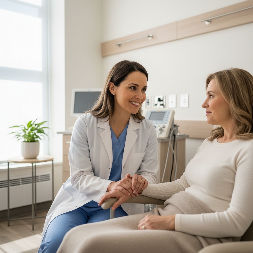 A professional nurse talking compassionately with a female patient in a clean, modern clinic room, realistic style, soft lighting