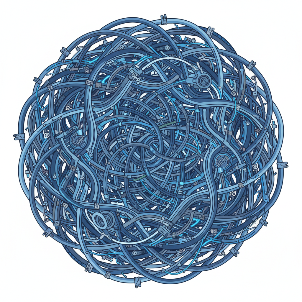 Abstract digital illustration of a massive, tangled knot of wires and cables, representing bureaucracy and technical complexity. Clean vector style, blue and grey.