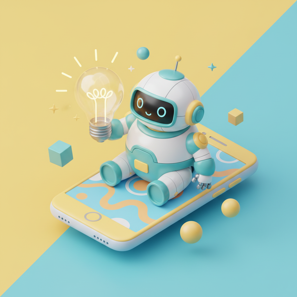 3D isometric illustration of a cute robot sitting on a smartphone holding a lightbulb, bright colors, playful style, yellow and teal background