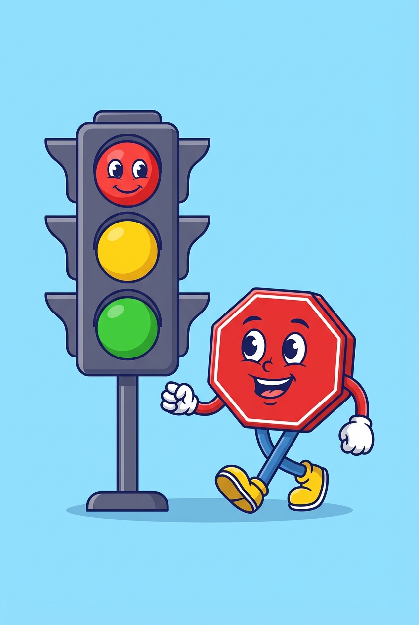 cartoon traffic light, bright red yellow green lights, next to it a stop sign character with arms and legs, vector clipart style