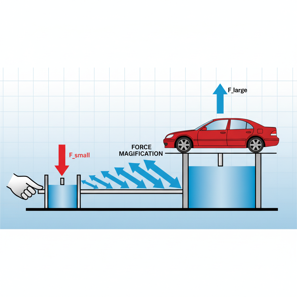 cross-section diagram of a hydraulic lift, small piston on left pushed down by hand, large piston on right lifting a car, force arrows indicating magnification