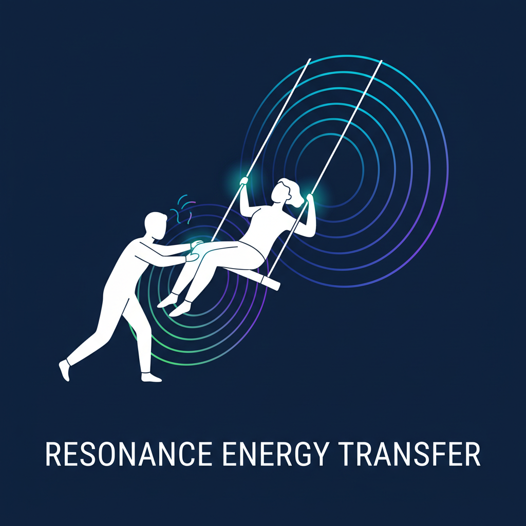 metaphor illustration of someone on a swing being pushed in rhythm, representing resonance energy transfer, simple clean style on dark blue