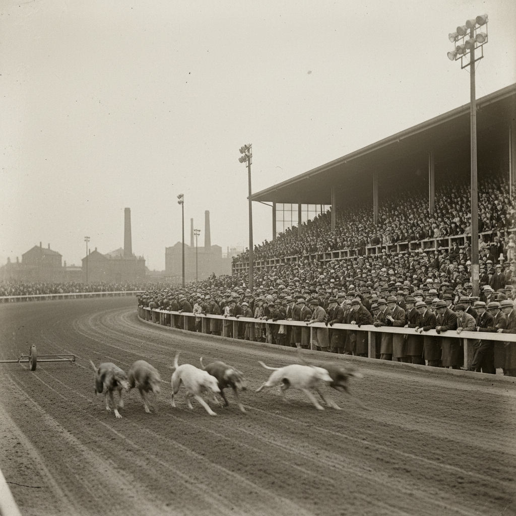 black and white photo of 1920s greyhound racing track with crowds, vintage style