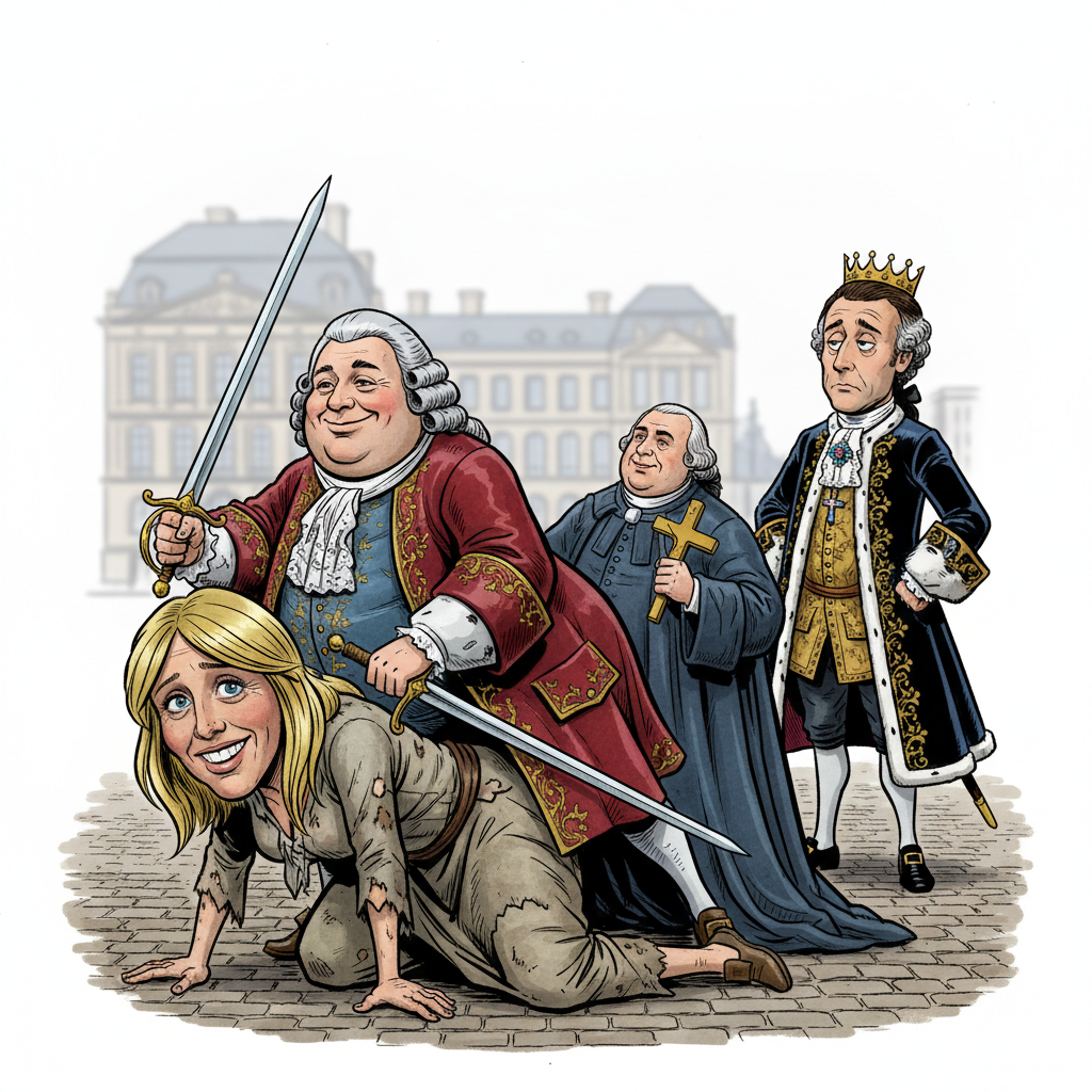Satirical comic book style. Visual metaphor of French Estate System. A blonde peasant woman (caricature resembling Brigitte Macron in rags) crawling on all fours, crushed under the weight of a fat Noble (caricature resembling Gerard Larcher) holding a sword and a Clergyman holding a cross. Louis XVI (Macron caricature) watching indifferently. Side angle. Background slightly blurry. Strong contrast between rich silk clothes and dirty rags.