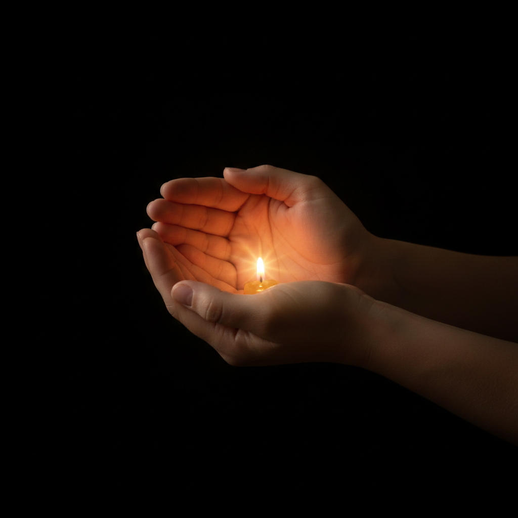 hands gently cupping a small glowing light or candle flame to protect it, warm lighting, dark background affecting contrast