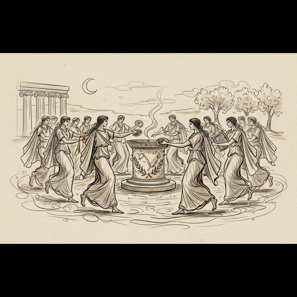 Ancient Greek chorus dancing in a circle around an altar, wearing robes, sketch style