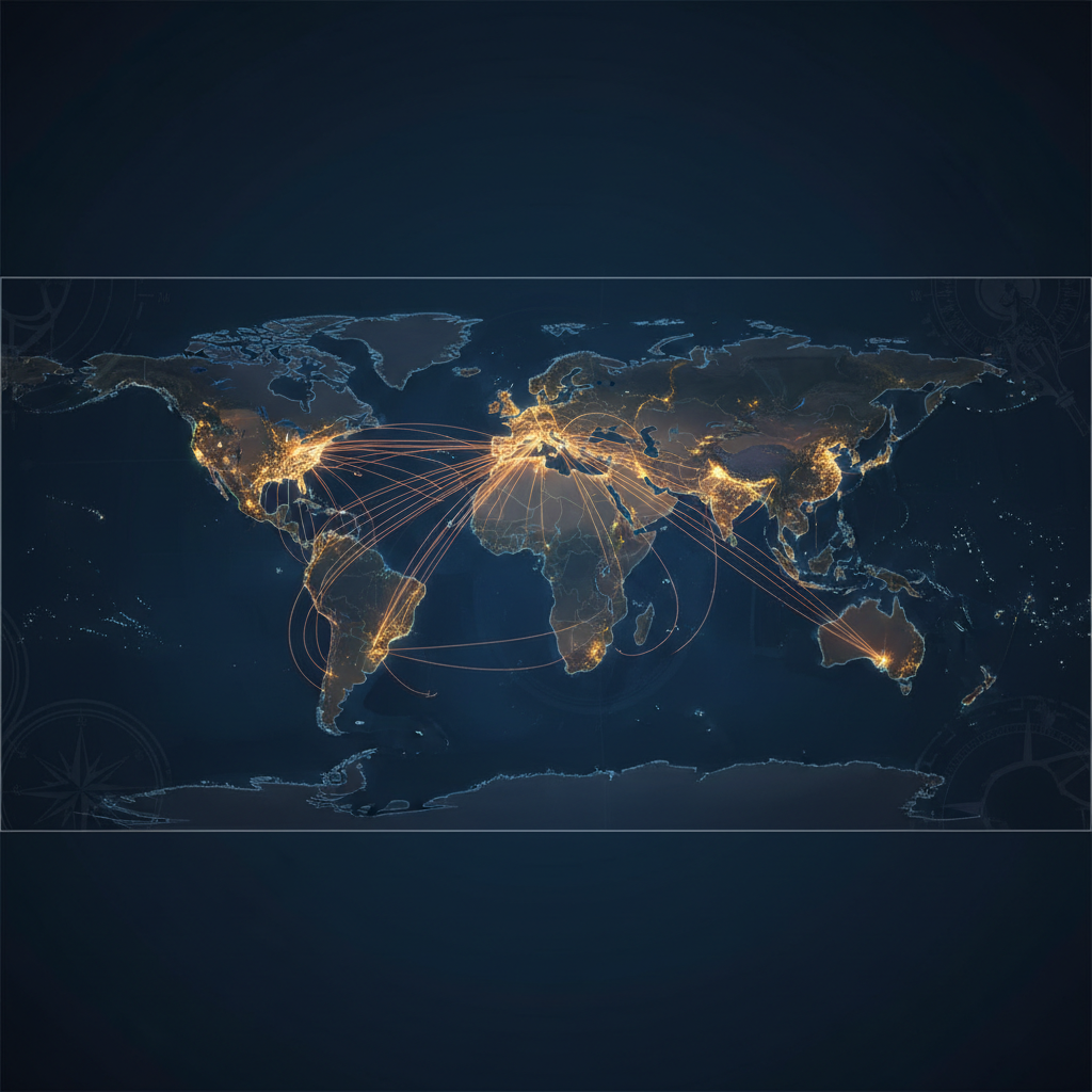 Stylized world map focused on Southeast Asia and global trade routes, dark blue background with glowing connection lines connecting Asia to Americas and Europe