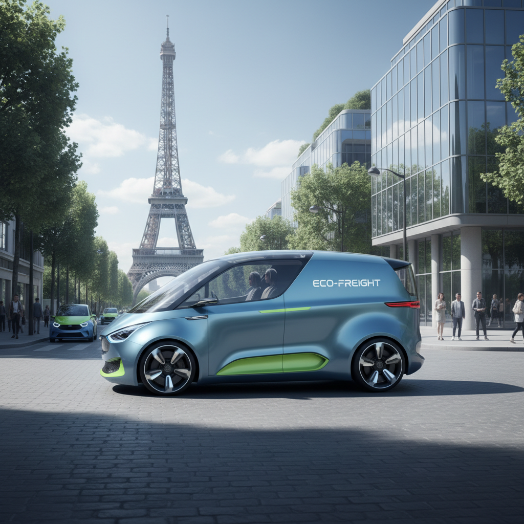 Futuristic electric delivery van driving in Paris near Eiffel Tower, sunny day, professional photography, corporate style, blue and green tones