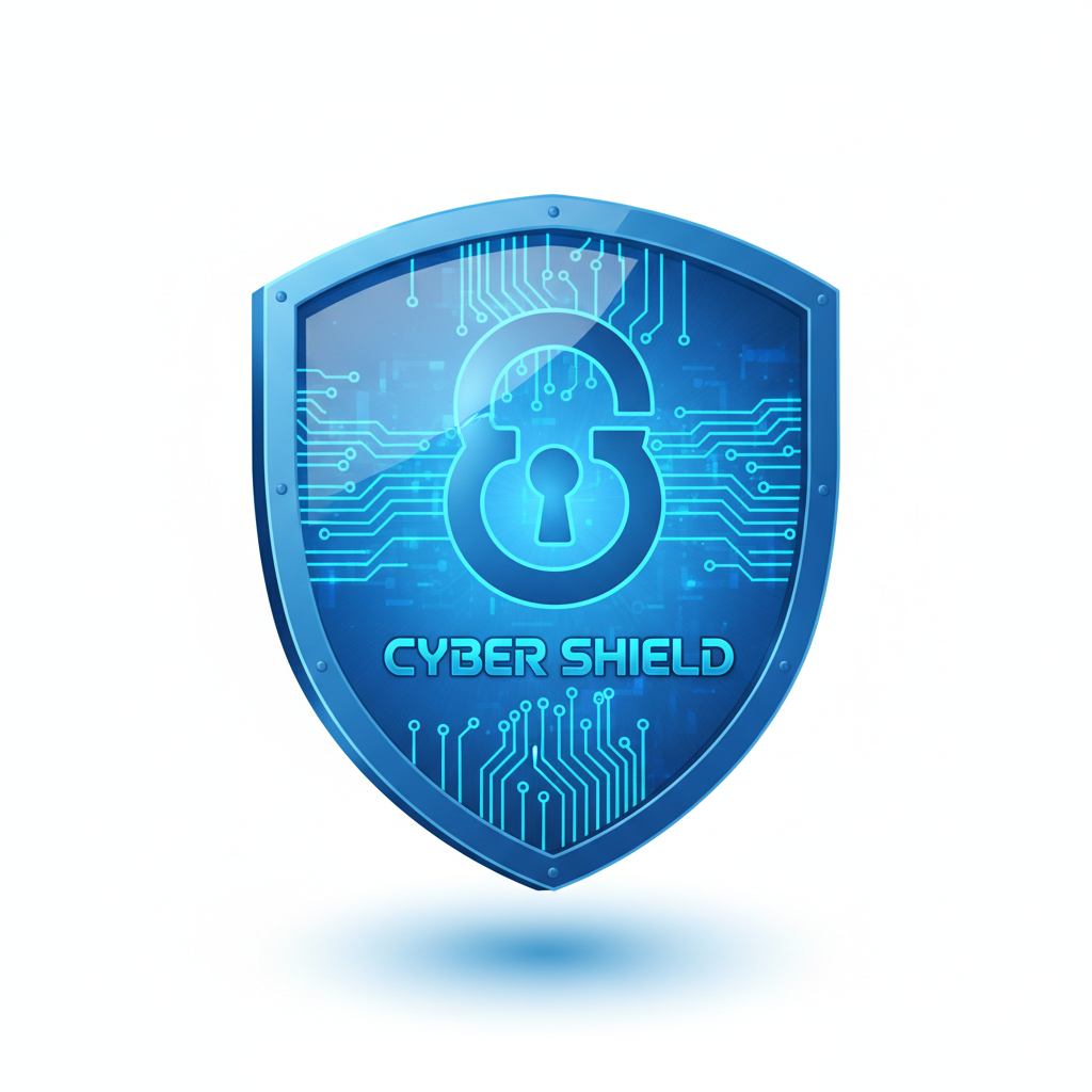 3D shield icon blue metallic, cyber security data protection concept, isolated on white