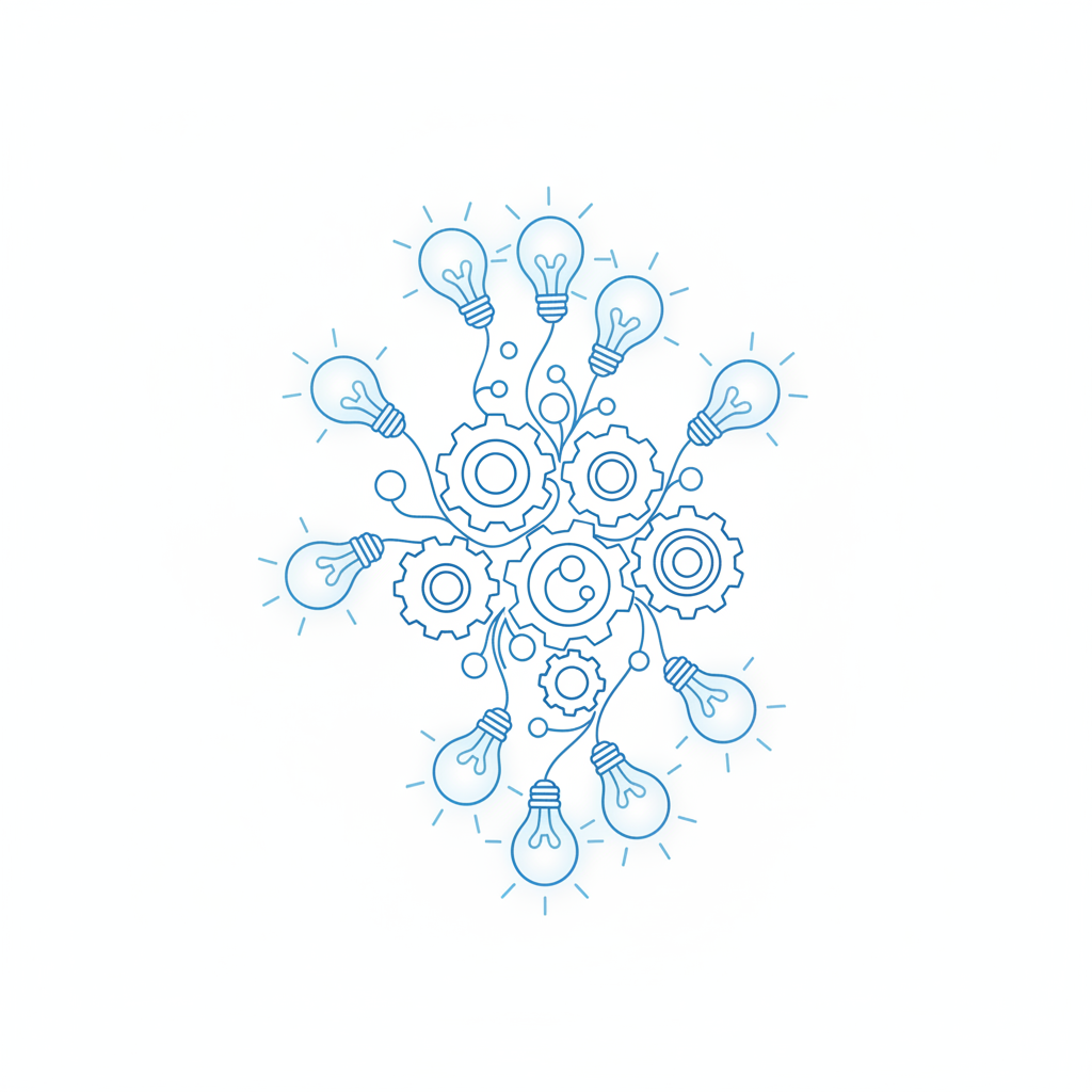 Abstract representation of learning and growth, gears turning into lightbulbs, minimal line art blue and white